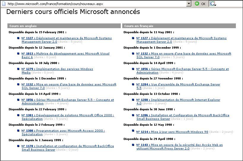 Les Nouveaux cours de Microsoft